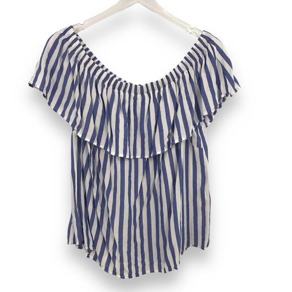 Forever 21 Off The Shoulder Ruffle Overlay Blouse Top 1X Blue Stripe Rayon - Picture 1 of 5